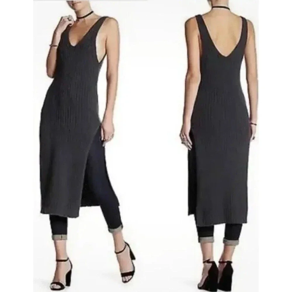 FREE PEOPLE Emmy Ribbed V-Neck Sweater Dress Cotton‎ Small Petite GRAPHITE Slits